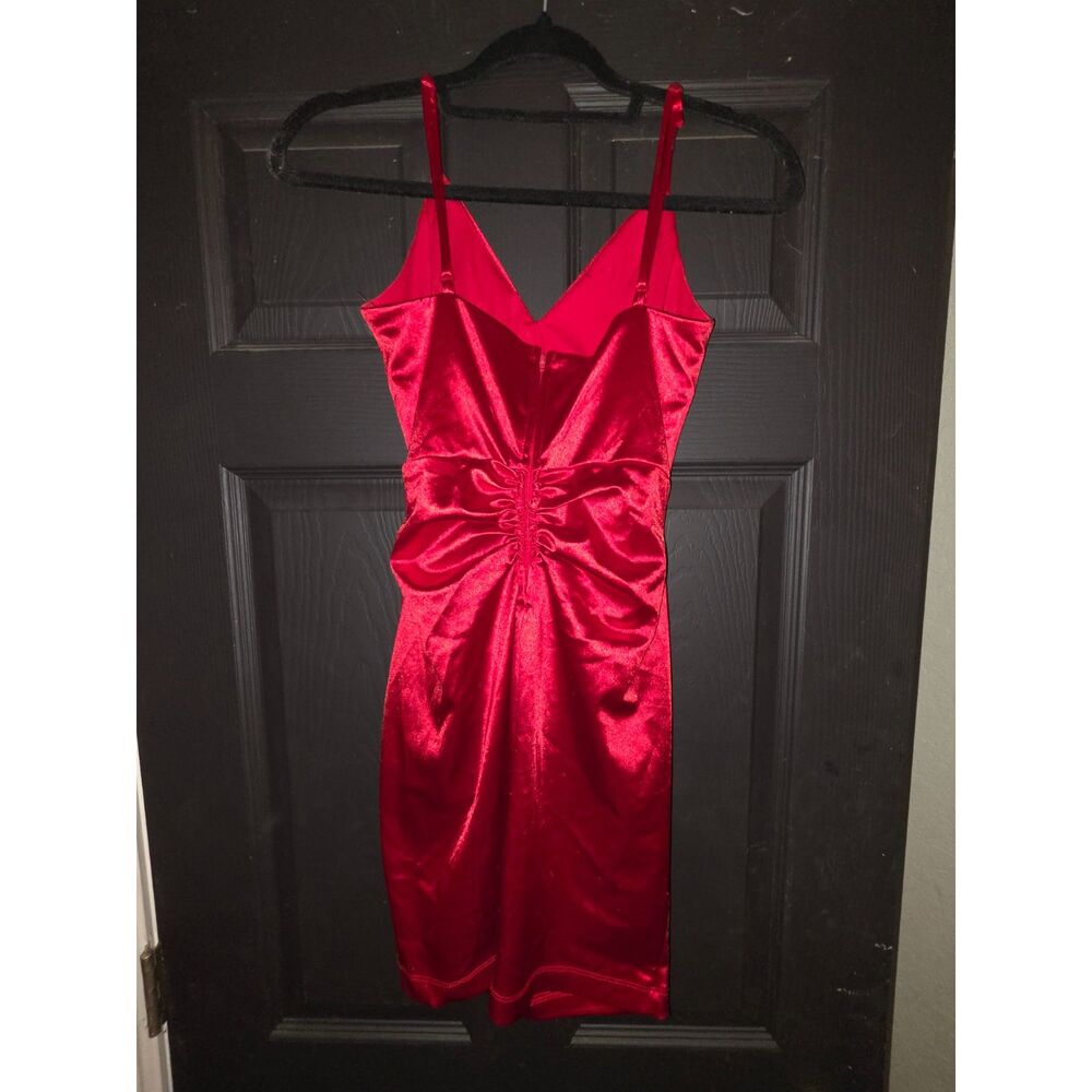 Honey and Rosie Red Satin Ruched Bodycon Midi Dress Size Small